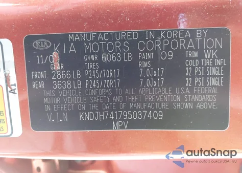 2009 Kia Borrego Ex V6 z USA, uszkodzony, nr VIN KNDJH741795037409